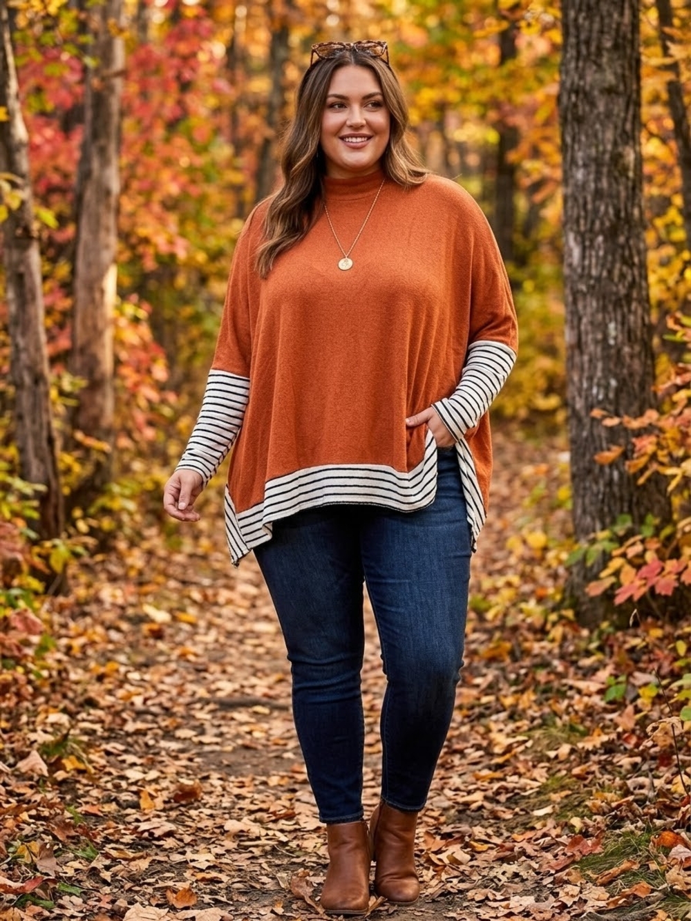 Lovely Melody Oversized Rust Poncho with Striped Trim
